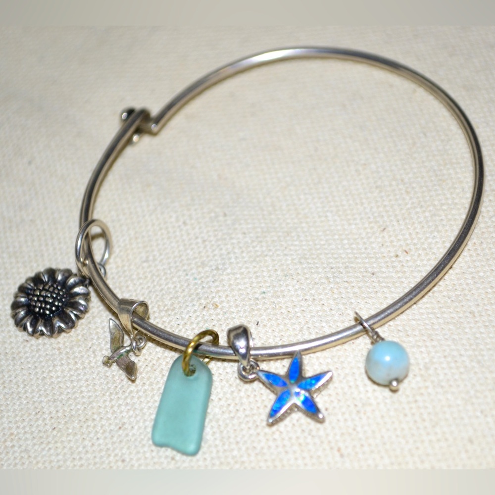 Sterling Silver Charm
Bracelet Bangle w/ Costal Charms 13g